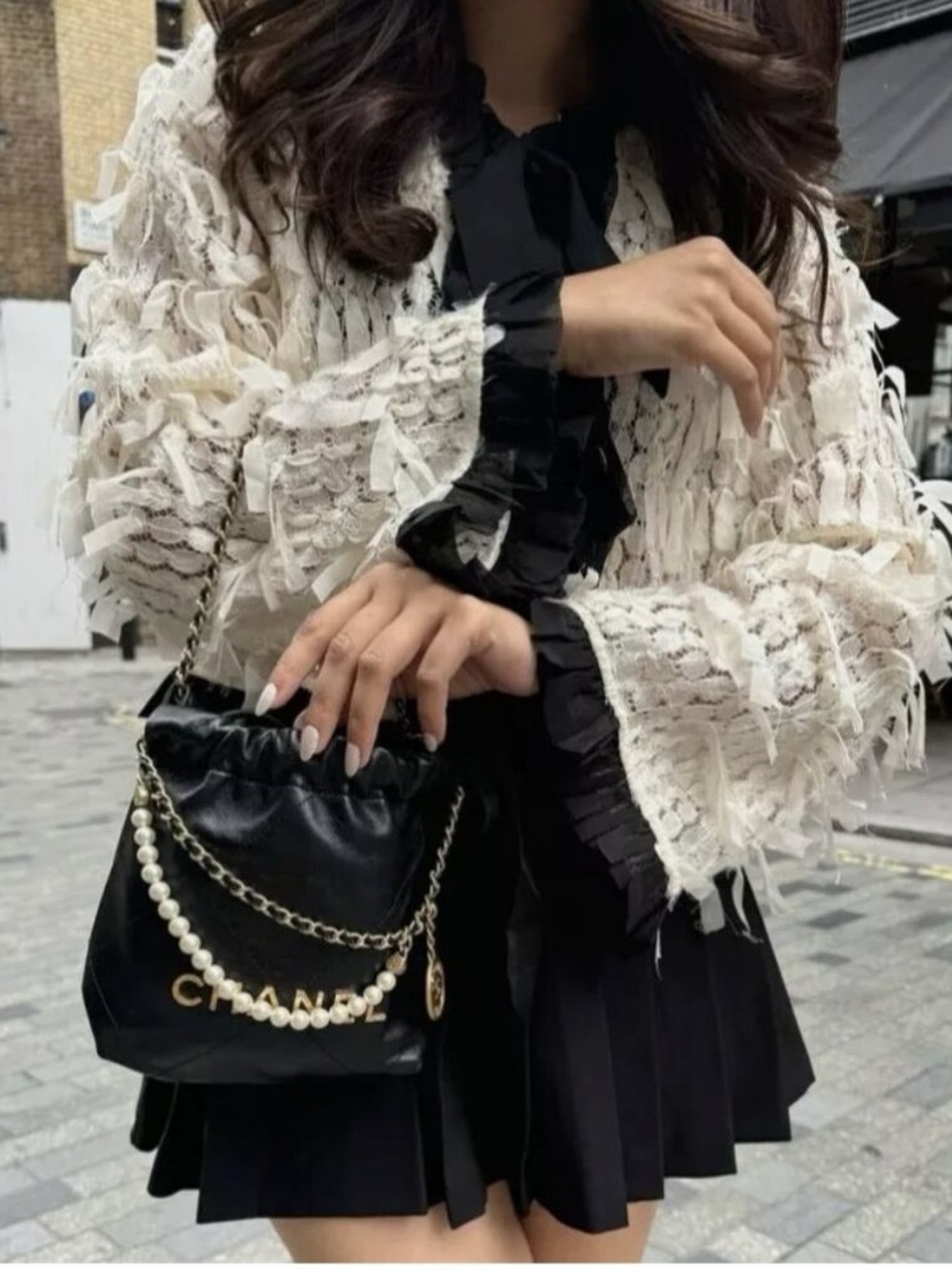 ZARA Contrasting Fringed Cardigan with Ribbon Bow Ties in Ecru/Black Small